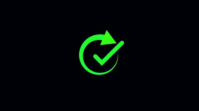 Green Check Mark and Circular Arrow Icon on Black Background tick approved. Digital green tick with circular arrow on dark background in hd sleek approved icon for motion graphics