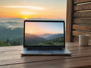 Fototapeta premium A laptop displays a mountain sunrise on a wooden table with a coffee mug, offe a tranquil workspace with a breathtaking view of nature's beauty on display.