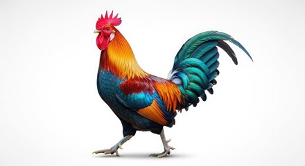 Fototapeta premium Colorful rooster struts confidently, showcasing vibrant plumage and a proud stance against a white background.