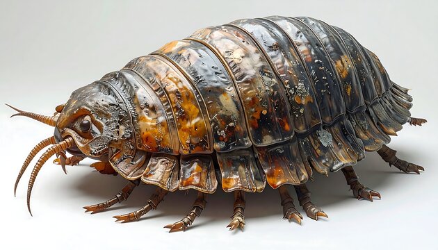 Close-up of a large isopod with segmented shell and multiple legs