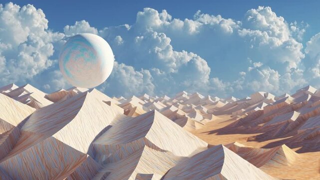 Surreal Desert Landscape with Geometric Sphere and Clouds