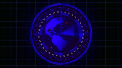 Futuristic Radar Screen Displaying Earth With Red Target Markers globe planet. Close-up of futuristic radar showing globe and illuminated red target markers for tracking. - Powered by Adobe