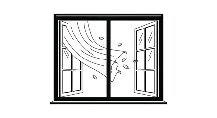 Open window with blowing curtains and leaves silhouette