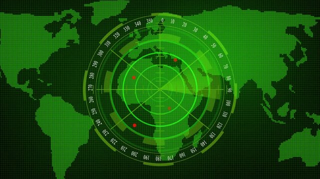 Futuristic green pixel map displaying radar scope with active target indicators on earth. Green Pix elated World Map with Radar Display and Target Points screen earth.