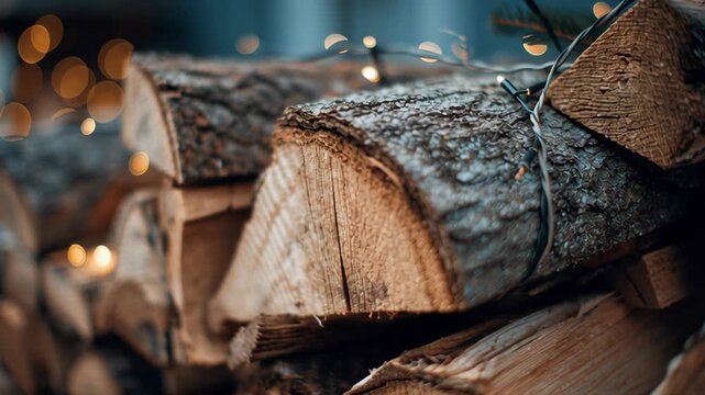 A pile of wood logs with a string of lights hanging from them.Macro shot of firewood stack with pine branches and subtle festive lights, natural off-grid winter style, off grid christmas cabin