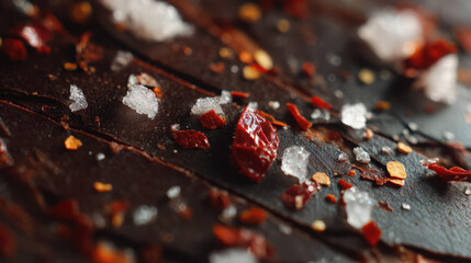 dark chocolate bark with chili and sea salt close-up texture