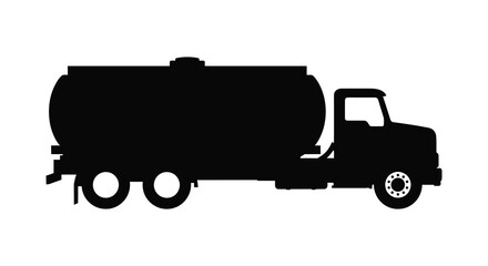Black silhouette of a large tanker truck with a cylindrical tank on a white background
