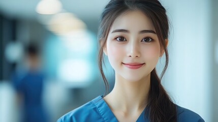 Naklejka premium Radiant Healthcare Professional: A close-up portrait of a friendly healthcare professional, their eyes exuding warmth, standing within the bustling ambiance of a modern healthcare facility. 