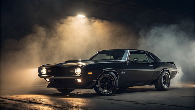 Fototapeta 1970s American muscle car in matte black, smoky background, spotlight focused on car front