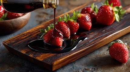 aged balsamic vinegar drizzled over strawberries on wooden board
