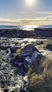 Stunning black rocky coastline at Ytri Tunga, Sn&aelig;fellsnes Peninsula, Iceland, with crashing waves and snow-capped mountains, showcasing Iceland&rsquo;s rugged coastal beauty.
