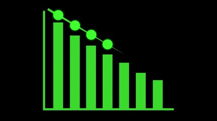 Green Bar Chart Showing Decreasing Values Against Black Background graph data. Decreasing green bars on black chart representing drop in metrics, data, and progress. - Powered by Adobe