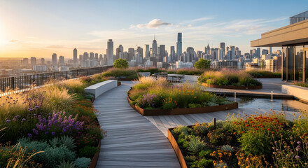 Fototapeta premium A breathtaking green roof urban design offering panoramic city skyline views at sunset, showcasing lush landscaping and modern architecture