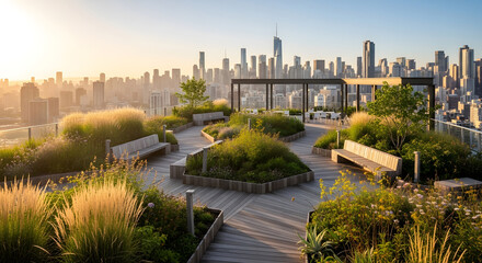 Fototapeta premium A tranquil rooftop park showcases sustainable green roof urban design against a stunning city skyline at golden hour