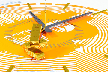Digital time clock with gold bars, Bitcoin symbol, and electronic circuit pattern. 3D render.