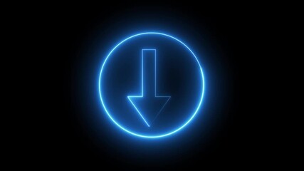 Modern digital download interface with blue neon down arrow inside radiant circle on dark background. Blue Neon Down Arrow Inside Circle Glowing on Black Background download icon. - Powered by Adobe