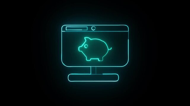 monitor screen icon and piggy bank with neon lights animation 4k