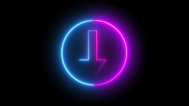 Glowing blue and pink neon arrow in circular design on black background forming interactive digital download icon. Blue and Pink Neon Down Arrow Inside Circle Glowing on Black Background download.