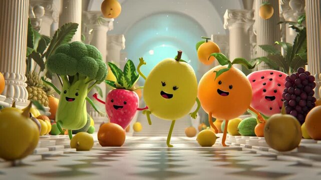 Colorful animated fruits and vegetables dancing in a grand hall
