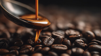 dark roasted coffee beans and espresso pour in moody coffee shop