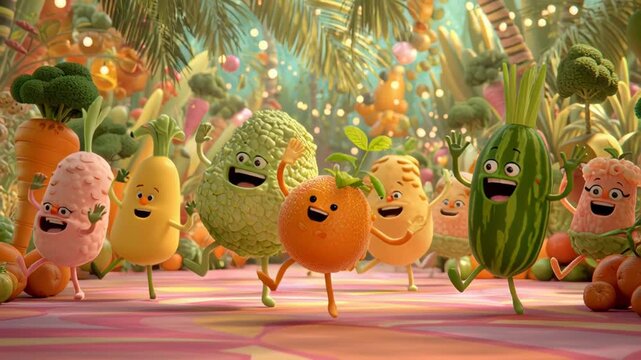Colorful animated fruit characters dancing in a whimsical forest
