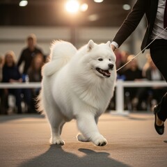 Elegant Samoyed dog, purebred champion, walking confidently in a dog show