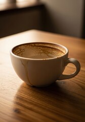 Empty coffee cup on a wooden table captures a moment of pause and contemplation