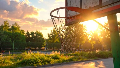 Basketball hoop backlit by setting sun on outdoor court, greens