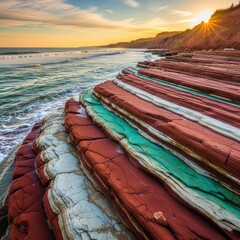 Layered sedimentary rock formations on a beach during sunset, scenic coastline
