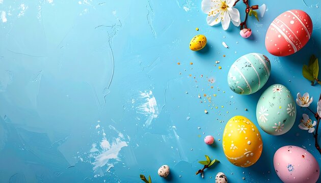 Colorful painted Easter eggs, blossoms, and festive sprinkles on blue background