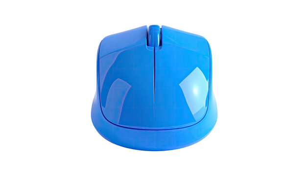 A shiny blue ergonomic computer mouse is depicted on a stark black background