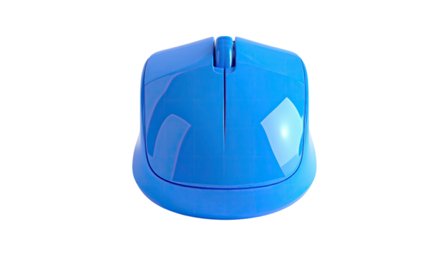 A shiny blue ergonomic computer mouse is depicted on a stark black background