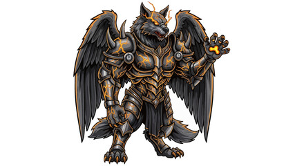 Epic winged wolf warrior in detailed armor, powerful fantasy character ready for battle with glowing energy
