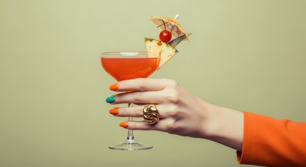 Elegant hand holding vibrant tropical cocktail, adorned with fruit and umbrella