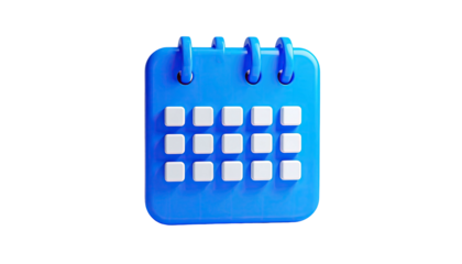 Bright blue 3D cartoon calendar with white date squares on a black background