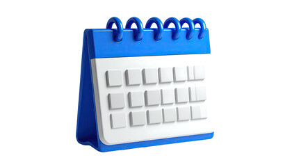 A 3D rendered, blue and white desk calendar against a dark background
