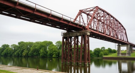 Overhead view of rusty vintage steel bridge over the water landscape