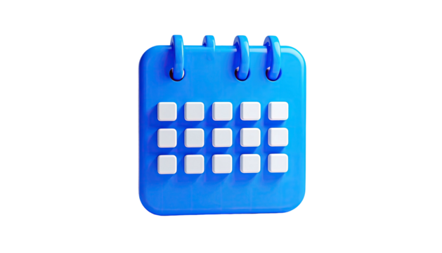 Bright blue 3D cartoon calendar with white date squares on a black background