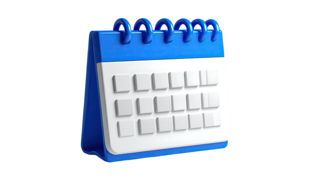 A 3D rendered, blue and white desk calendar against a dark background