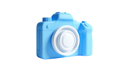 A light blue and white 3D rendering of a classic camera against a black background