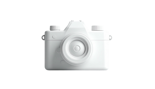A clean, 3D rendered all-white camera isolated on a black background