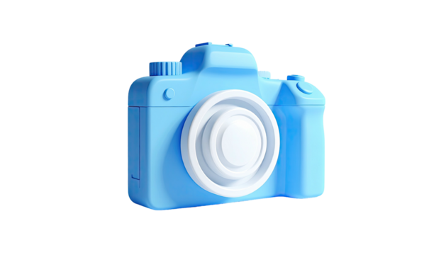 A light blue and white 3D rendering of a classic camera against a black background - Powered by Adobe