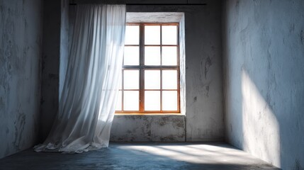 Empty room with textured walls and sunlight through a window.