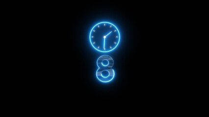 Neon countdown clock illustration. Time 8 days to go symbol.