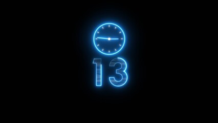 Neon countdown clock illustration. Time 13 days to go symbol.