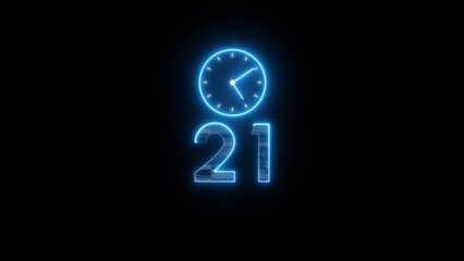 Neon countdown clock illustration. Time 21 days to go symbol.