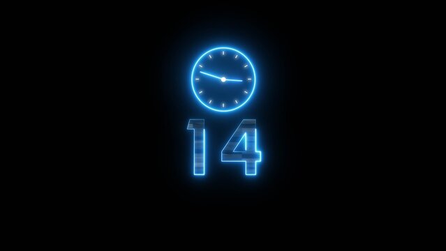 Neon countdown clock illustration. Time 14 days to go symbol.