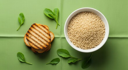 Aromatic grilled bread, wholesome rice, and fresh spinach on a calming green surface