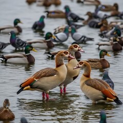 Waterfowl gathering: Diverse ducks and egyptian geese in a serene aquatic habitat