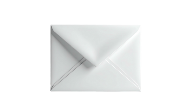 Overhead view of a pristine white, sealed, folded paper envelope against black